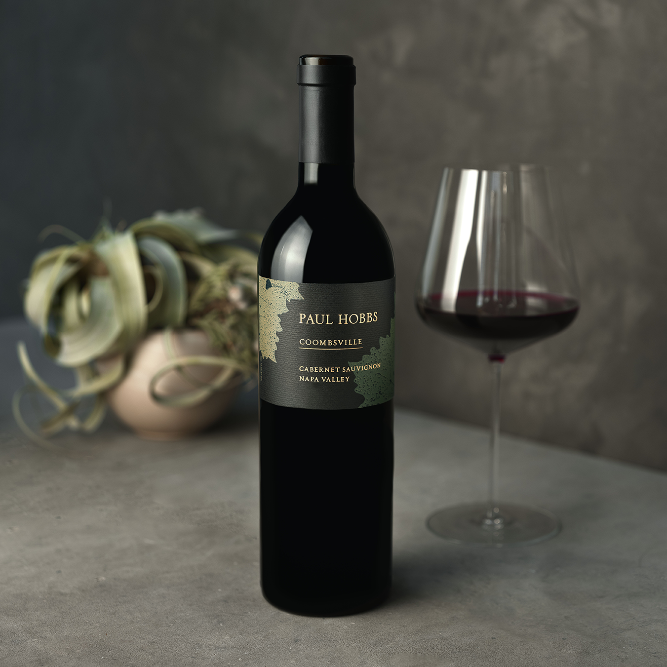 bottle of cabernet sauvignon on gray table with plant in the left corner and wine glass on the right